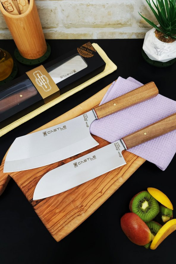 CASTLE KITCHEN Elite Serisi 2li Mutfak Bıçak Seti Şef Bıçağı Et Ekmek Sebze Bıçağı ( Santaku Big - Santaku )