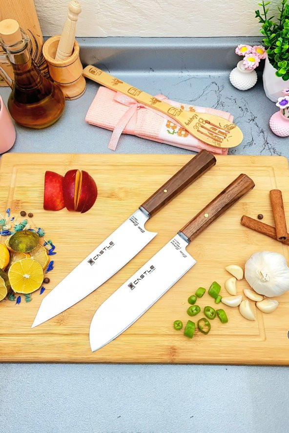 CASTLE KITCHEN Elite Serisi 2li Mutfak Bıçak Seti Şef Bıçağı Et Ekmek Sebze Bıçağı ( Kiritsuke - Santaku )