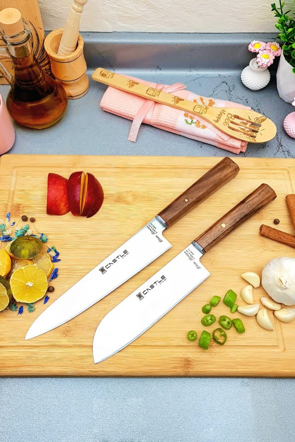 CASTLE KITCHEN Elite Serisi 2li Mutfak Bıçak Seti Şef Bıçağı Et Ekmek Sebze Bıçağı ( Santaku - Gyotou )