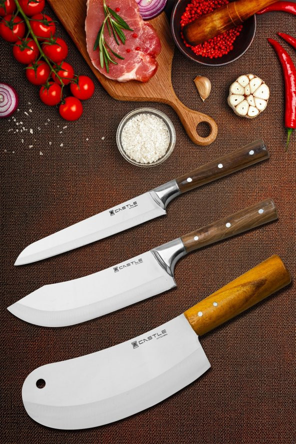 CASTLE KITCHEN Mutfak Bıçak Seti 3 Parça Et Ekmek Sebze Meyve Şef Bıçağı Set