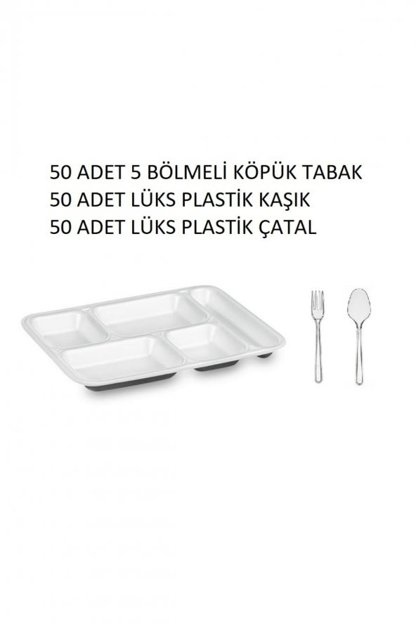 birtedarik5 Gözlü 50 Ad. Köpük Tabildot Tabak, 50 Ad. Plastik Çatal, 50 Ad. Plastik Kaşık