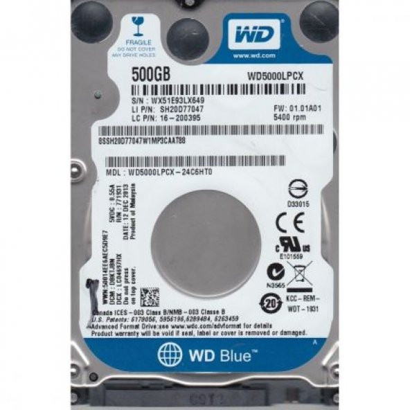 WD Blue WD5000LPCX 500 GB 5400 Rpm 16 MB Notebook Hdd