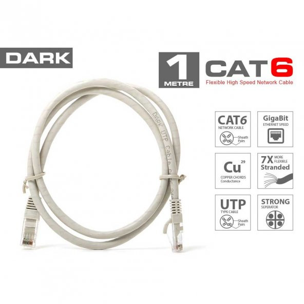 Dark Dk-Cb-Nt6U100G 1Mt Utp Cat6 Patch Kablo Gri Awg24/7 - 1