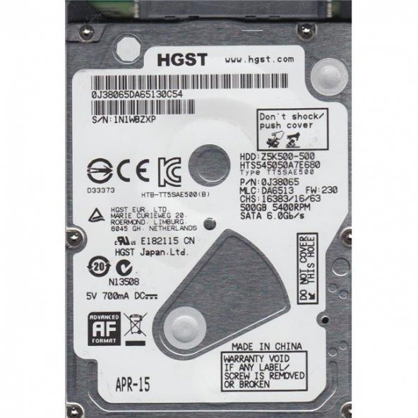 Hgst Z5K500 HTS545050A7E680 2.5" 500 GB 5400 RPM SATA 3 HDD