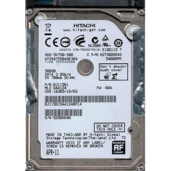 Hitachi HTS547550A9E384 500GB 5400RPM 2.5" Apple 655-1683C SATA H