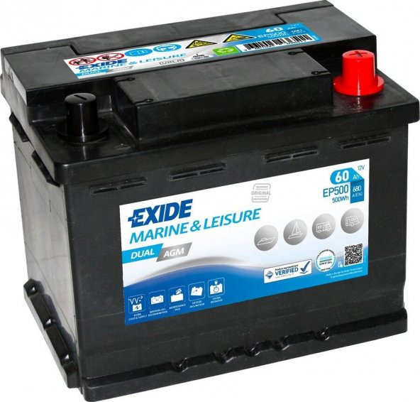 Exide EP500 Marin Dual AGM (Start & Servis) Akü, 12V 60A 500W