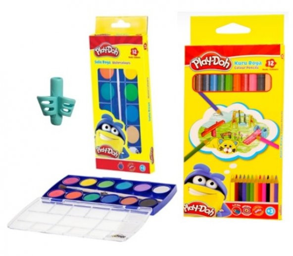 12 renk sulu boya kuru boya seti kalem tutmaçlı tam boy ürün görseli 1