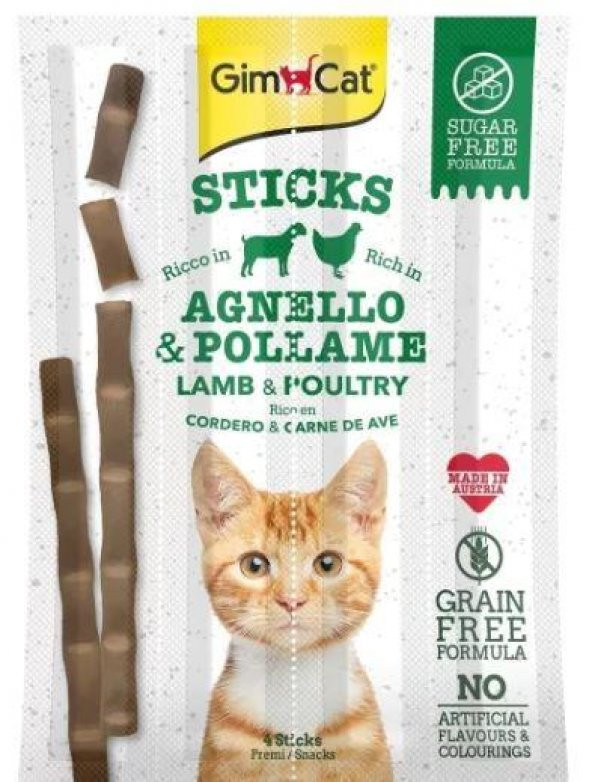 GimCat Sticks Kuzulu ve Tavuklu Taurinli Tahılsız Ödül Çubuğu 4lü 20 Gr