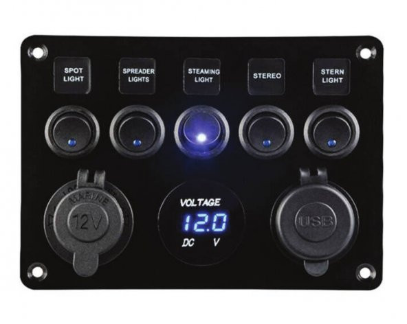 Switch Panel, 5 Anahtarlı, Voltmetre ve USB Şarjlı