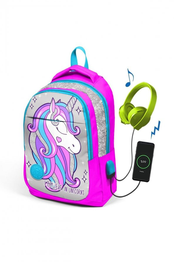 Coral  Pembe Gümüş Unicornlu Üç Bölmeli Usb Şarjlı Kulaklık Çıkışlı Sırt Çantası 23412