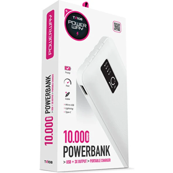 Powerway 10.000 Mah Dijital Göstergeli Kablolu İnce Tasarim Powerbank Tx108