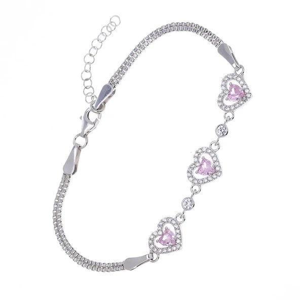 Kalp Model Pembe Zirkon Taşlı 925 Ayar Gümüş Kadın Bileklik ürün görseli 1