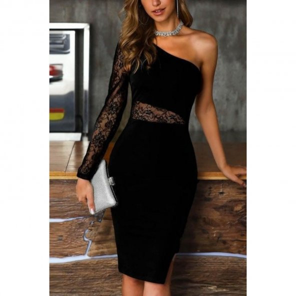 Kadın Siyah Tek Kol Dantel Detay Krep Elbise - 4