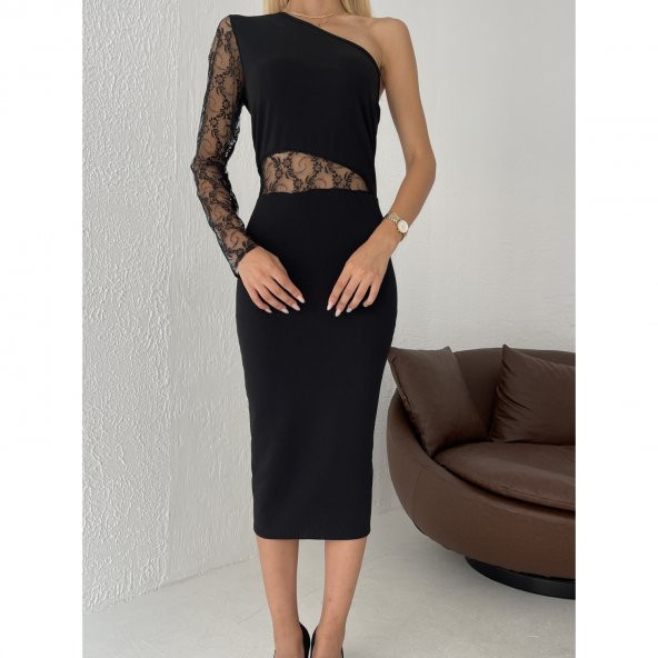 Kadın Siyah Tek Kol Dantel Detay Krep Elbise - 8