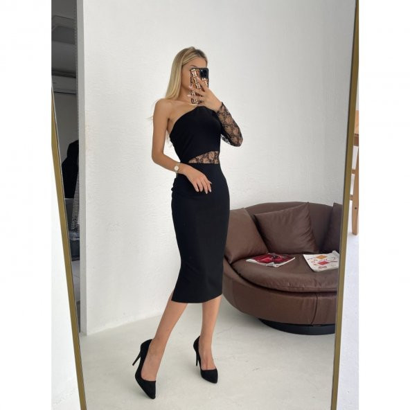 Kadın Siyah Tek Kol Dantel Detay Krep Elbise - 10