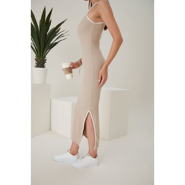 Kadın Kolsuz Derin Yırtmaç Detak Maxi Boy Elbise - 3