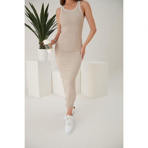 Kadın Kolsuz Derin Yırtmaç Detak Maxi Boy Elbise - 4