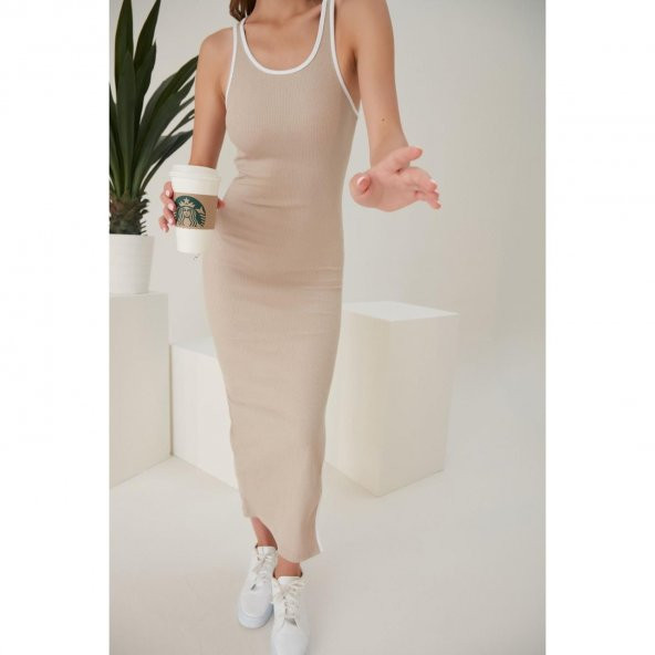 Kadın Kolsuz Derin Yırtmaç Detak Maxi Boy Elbise - 6