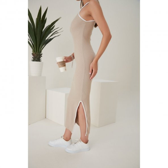 Kadın Kolsuz Derin Yırtmaç Detak Maxi Boy Elbise - 7