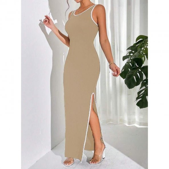 Kadın Kolsuz Derin Yırtmaç Detak Maxi Boy Elbise