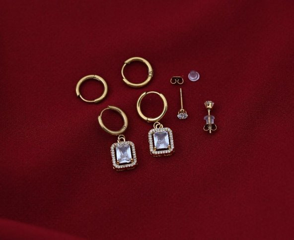 GOLD KARE ZİRKON BAGET TAŞLI 3 ÇİFT ÇOKLU KOMBİN ÇELİK KÜPE-CLKKP9 - 3