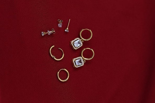 GOLD KARE ZİRKON BAGET TAŞLI 3 ÇİFT ÇOKLU KOMBİN ÇELİK KÜPE-CLKKP9 - 5