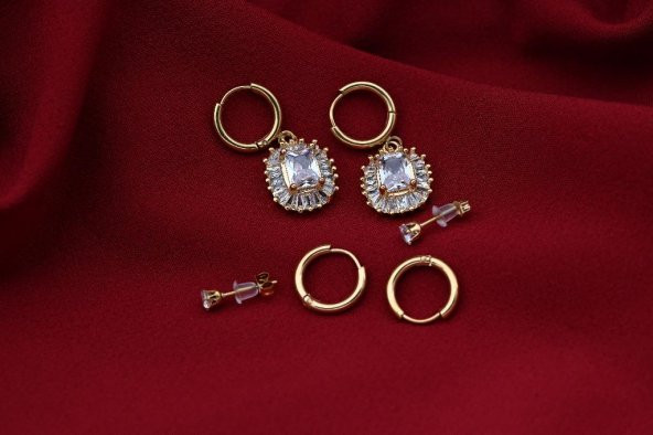 GOLD KARE ZİRKON BAGET TAŞLI 3 ÇİFT ÇOKLU KOMBİN ÇELİK KÜPE-CLKKP16 - 2