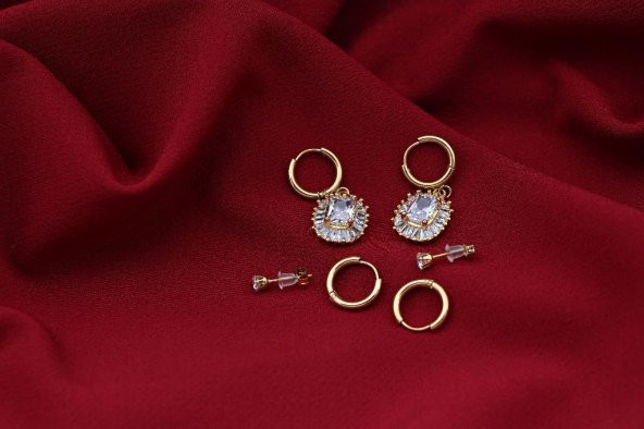 GOLD KARE ZİRKON BAGET TAŞLI 3 ÇİFT ÇOKLU KOMBİN ÇELİK KÜPE-CLKKP16 - 4