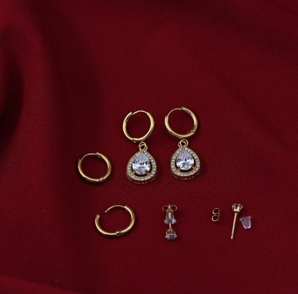 GOLD DAMLA ZİRKON BAGET TAŞLI 3 ÇİFT ÇOKLU KOMBİN ÇELİK KÜPE-CLKKP10 - 3