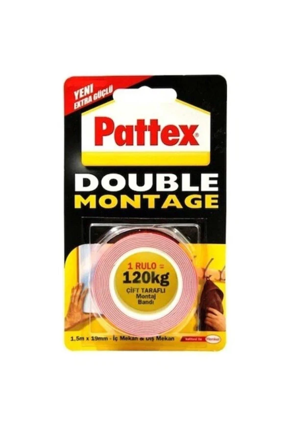 Pattex Extra Güçlü Double Montaj Bandı 19 MM X 1.5 Metre 1 Rulo 120 KG Kapasiteli