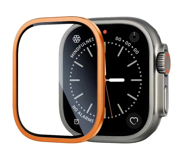 Apple Watch Ultra 49mm Lopard Metal Çerçeveli Ekran Koruyucu Premium Temperli Cam ALM-01