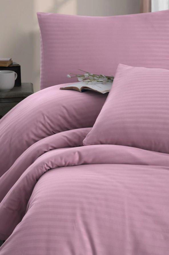 Çift Kişilik Nevresim Takımı Pamuk Çizgili %100 Pamuk 200*220 - Gül Kurusu - 2