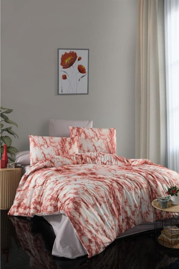Marble Çift Kişilik Nevresim Takımı 4 Parça 200*220 Kırmızı