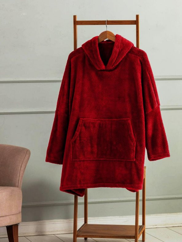 Wellsoft Kapşonlu Giyilebilir Tv Battaniyesi unisex Over size - Kırmızı