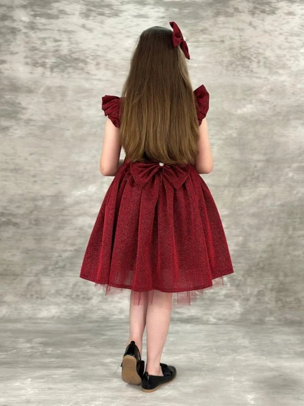 Kız Çocuk Omzu Fırfırlı Parıldayan Bordo Elbise - Resim 3