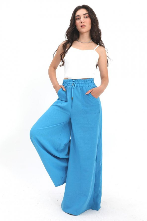 Geniş Kemerli Bol Paça Düz Keten Kadın Pantolon - Açık Mavi - 3