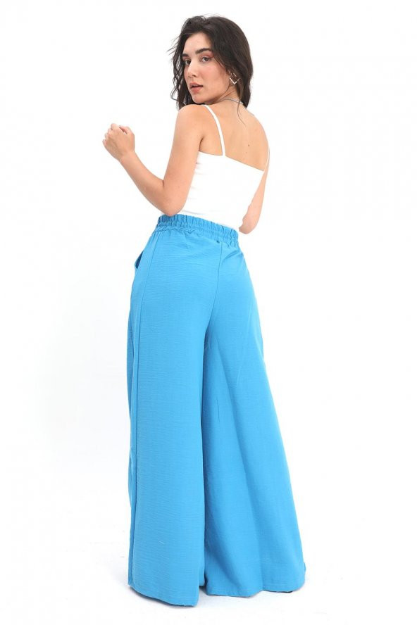 Geniş Kemerli Bol Paça Düz Keten Kadın Pantolon - Açık Mavi - 5