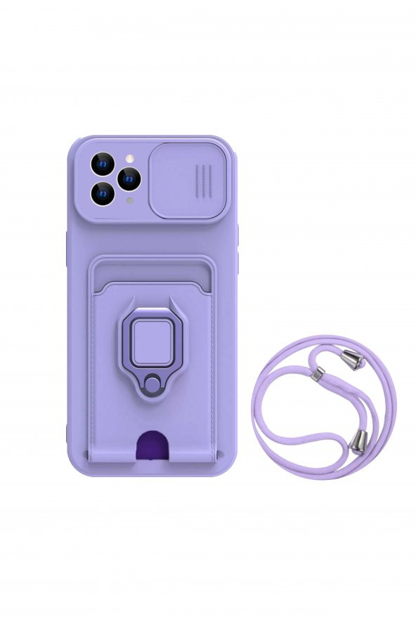 Iphone 14 Pro İpli Halka Stand Darbe Önleyici Kart Cüzdan Tutucu Allin Kapak Kılıf