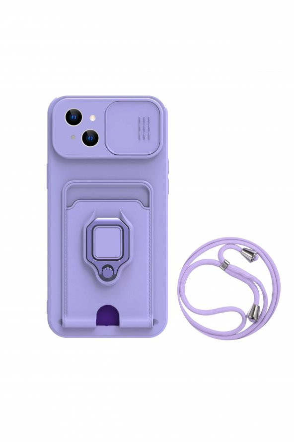 Iphone 14 Plus İpli Halka Stand Darbe Önleyici Kart Cüzdan Tutucu Allin Kapak Kılıf