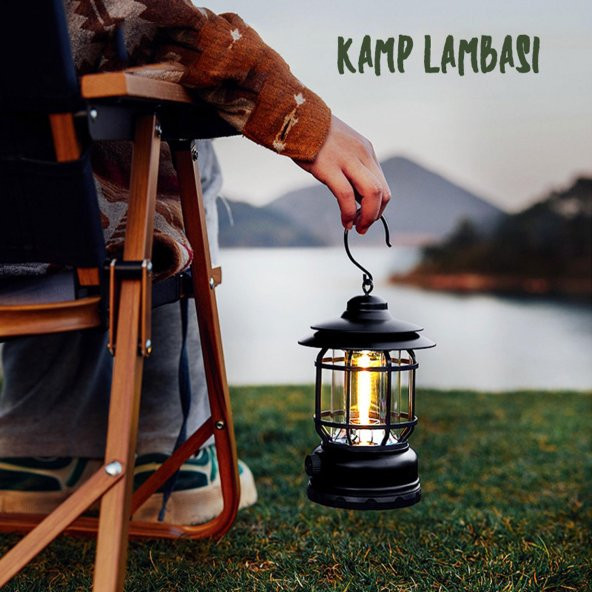 Dekoratif Outdoor Kamp Lambası Ledli Beyaz Işıklı El Feneri Işıldak Şarjlı Portatif Gece Lamba Siyah - 3