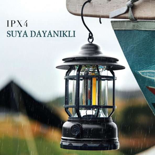 Dekoratif Outdoor Kamp Lambası Ledli Beyaz Işıklı El Feneri Işıldak Şarjlı Portatif Gece Lamba Siyah - 8