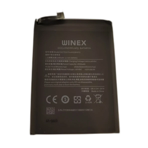 Winex Redmi Note 9 Pro Uyumlu Güçlendirilmiş Premium Batarya BN53