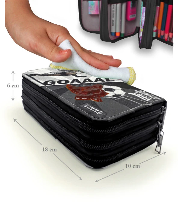 Kalem Kutusu Siyah-Beyaz Futbol Taraftar Organizer Kalemkutu Vegan Deri Üç Bölmeli Kalemlik - Resim 6