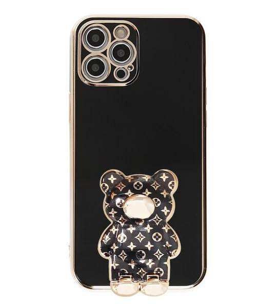 Smcase Apple iPhone 12 Pro Kılıf Standlı Kamera Korumalı Cute Bear Silikon