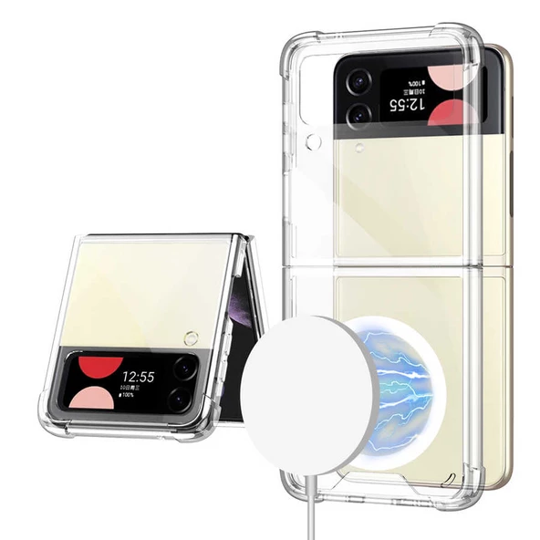 Smcase Samsung Galaxy Z Flip 4 Kılıf Wiriless Şarj Destekli Antishock Köşeli Silikon