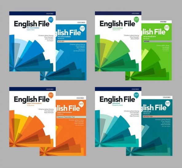 English File 4th Edition Pre intermediate + intermediate + Upper-intermediate + Advanced  Student's Book With Online Practice + Workbook (Access Code VARDIR) ( 4 lü SET)