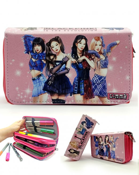 Kalem Kutusu Black Pink Blink Organizer Kalemkutu Vegan Deri Üç Bölmeli Kalemlik