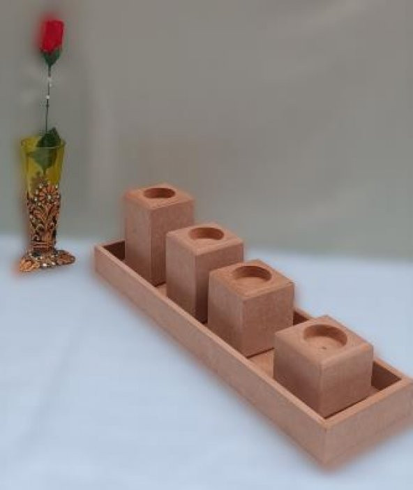 Hobi 90027 Dekoratif Model 90027 Dörtlü Mumluk Set Ahşap HAM MDF El Yapımı - 7