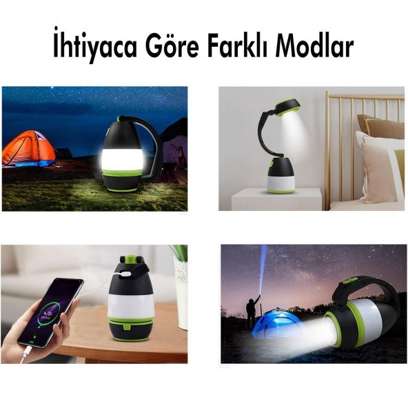 Dekoratif Outdoor Kamp Lambası Ledli Beyaz Işıklı El Feneri Işıldak Şarjlı Masa Gece Lamba Yeşil - 8