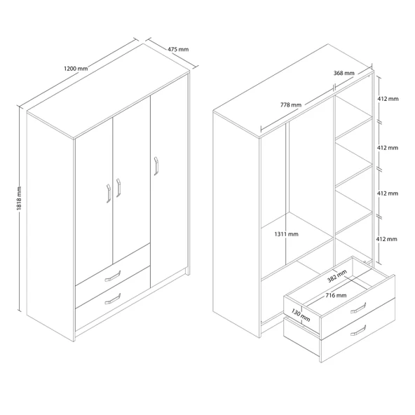 Mezza Grande Modern 3 Kapılı 2 Çekmeceli Gardırop 3508 - Resim 2